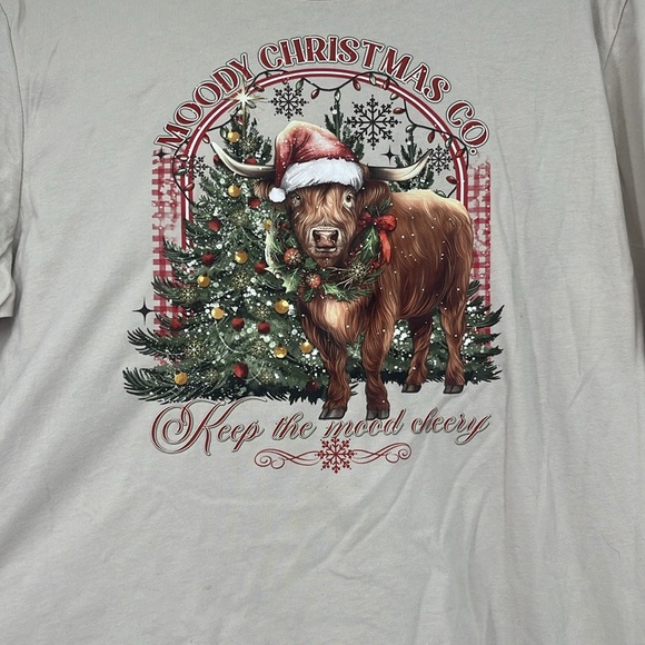 Moody Christmas Co. “Keep the Mood Cheery” Highland Cow T-Shirt Sz L Holiday Tee - Picture 2 of 5